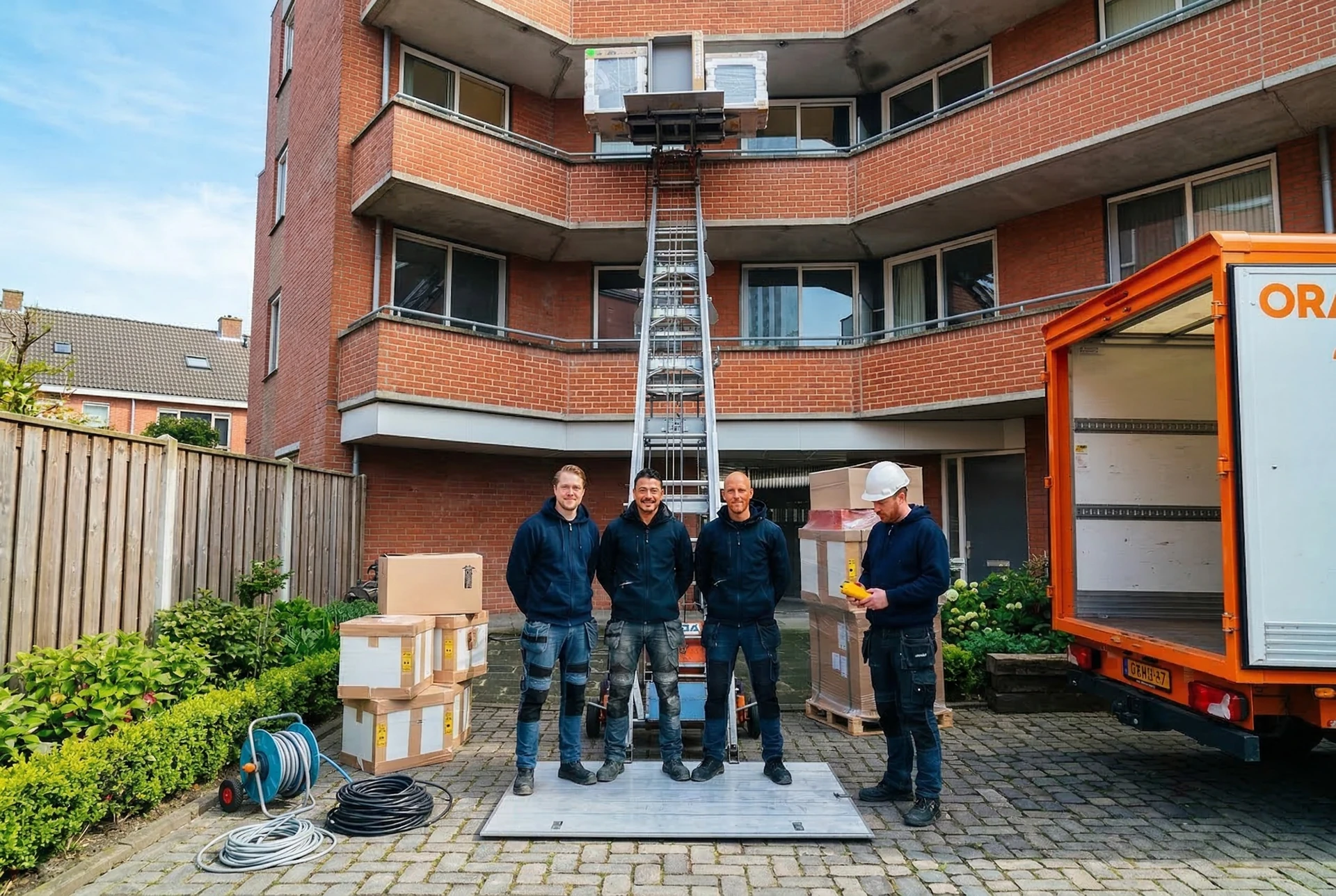 GEDA-lift bij verhuizing in smalle straat Schiedam